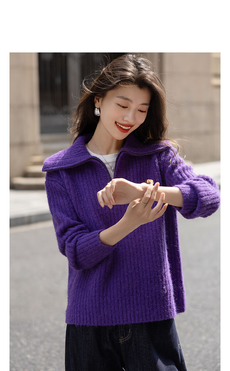 Demana "Warm Secret" Winter Simple Half-Zip Stand Collar Loose Wool Blend Knit Sweater for Women 2