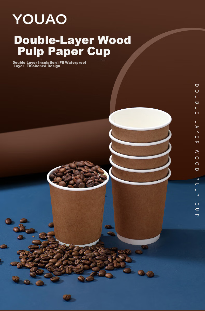 YOUAO Disposable Cups, 280ml*32 Pieces, Kraft Paper Outer Layer, Double-Layer Thickened, for Office And Home Use, without Lid, Coffee Cups 1