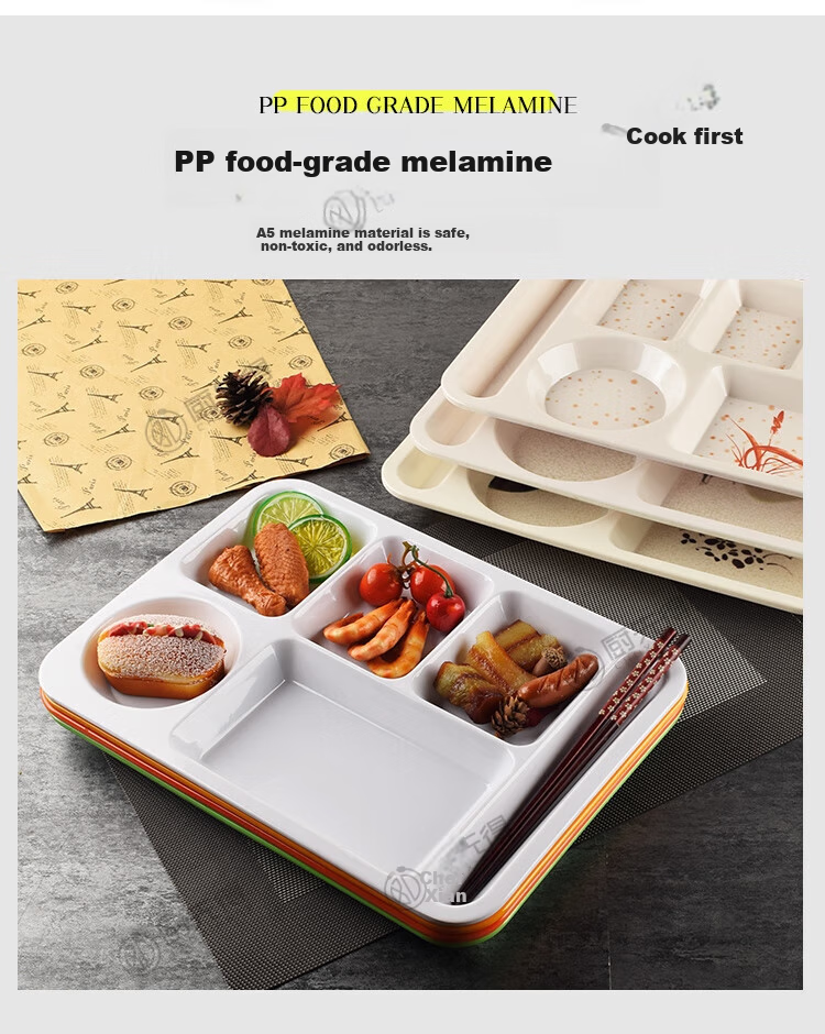Chuxiande Commercial Extra Thick Melamine Six-Compartment Imitation Porcelain Plate, Divided Meal Tray, Fast Food Container, Serving Tray, White 3