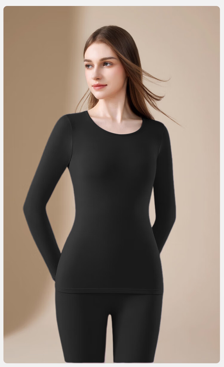Caiyue Women's Cotton Thermal Underwear Set 10A Antibacterial Thin Round Neck Warm Elastic Comfortable Base Layer 12