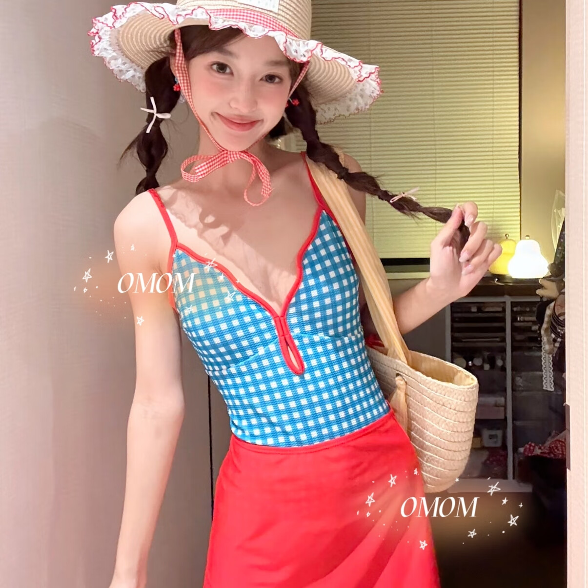 OMOM New Fresh Plaid Student One-Piece Swimsuit Women Triangle Slimming Hot Spring Vacation Swimwear Plaid M