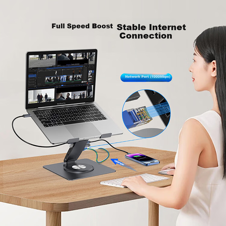 Hanzichen Laptop Stand with 12-Port Type-C Hub, Dual 4K 60Hz HD Screen Mirroring, PD100W Power Supply, USB3.1 Data Transfer, Gigabit Ethernet Port, Aluminum Alloy Vertical Stand 5