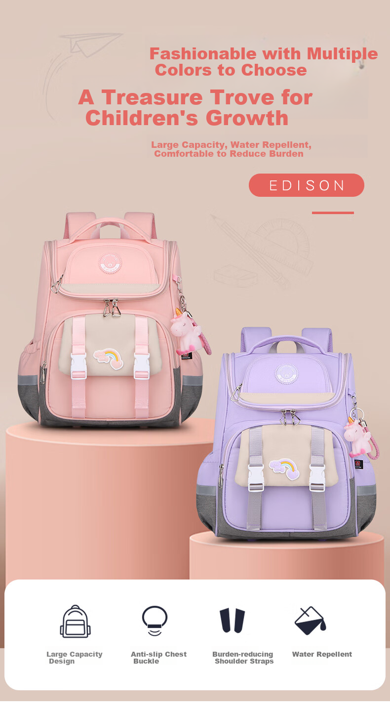 Edison Elementary School Backpack for Girls, Lightweight Spine Protection, Water-Resistant, Anti-Drop, Reflective Children's Backpack 2211-3 Purple 2