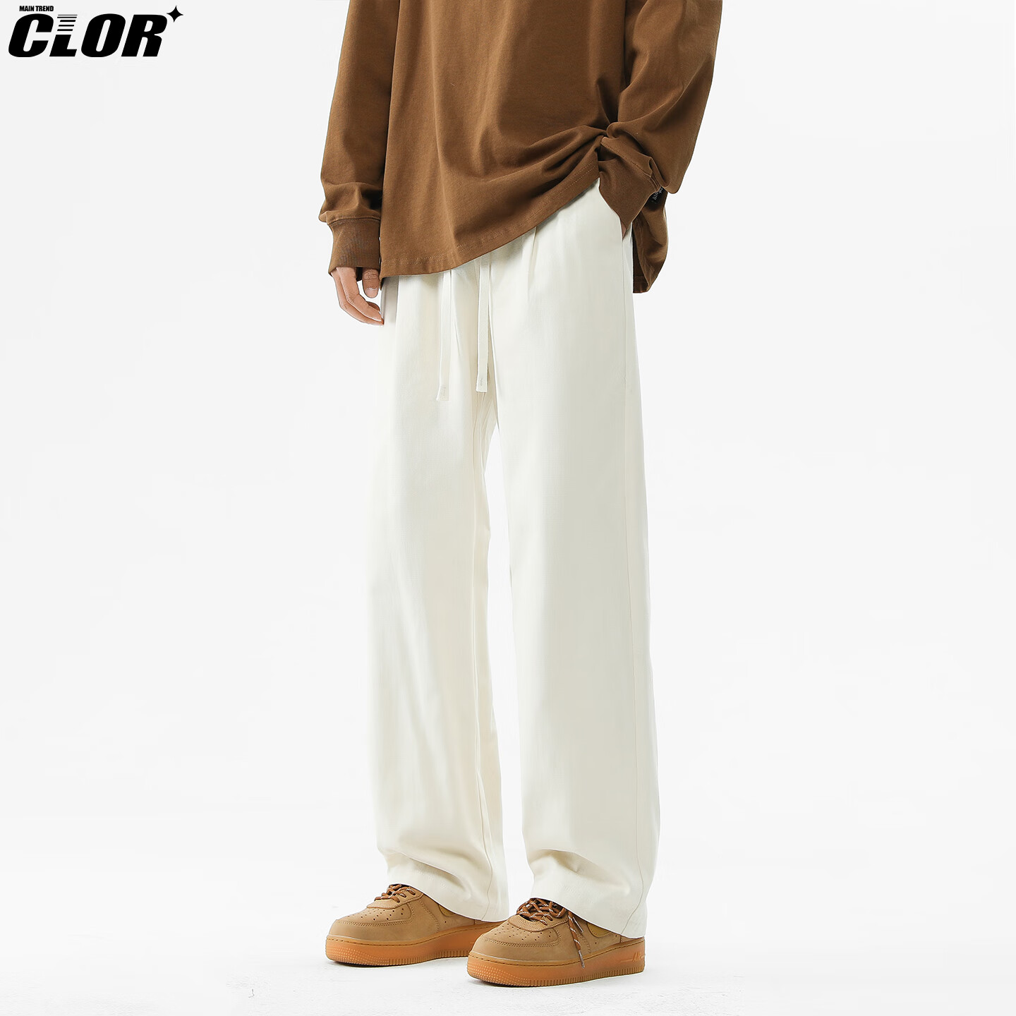 CLOR Pure Cotton Pants for Men, Spring And Summer Style, Trendy Loose Straight-Leg Casual Trousers, Floor-Length Wide-Leg Pants, CL78 Apricot Color, XL Size