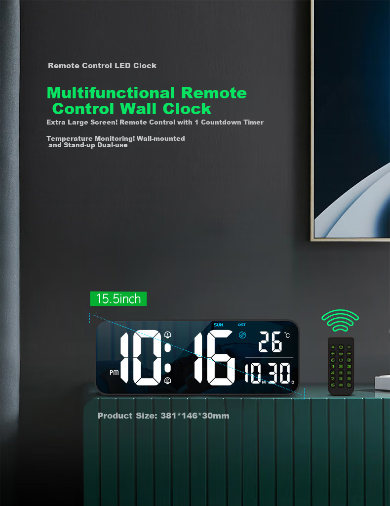 Hense LED Large Screen Electronic Clock, Living Room Creative Minimalist Wall Clock, Desktop Table Clock, Floor Clock, Wall Clock HW700 Black with White Numbers 1