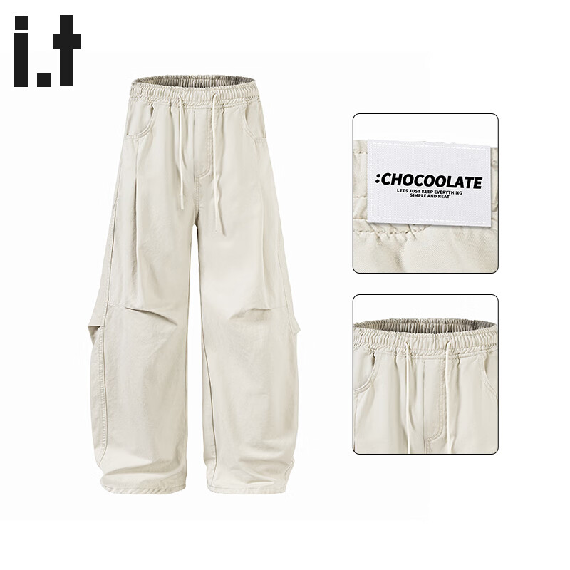 :CHOCOOLATE IT American Style Pure Cotton Work Pants Men's Autumn New Trendy Loose Casual Curved Blade Pants White Apricot XL