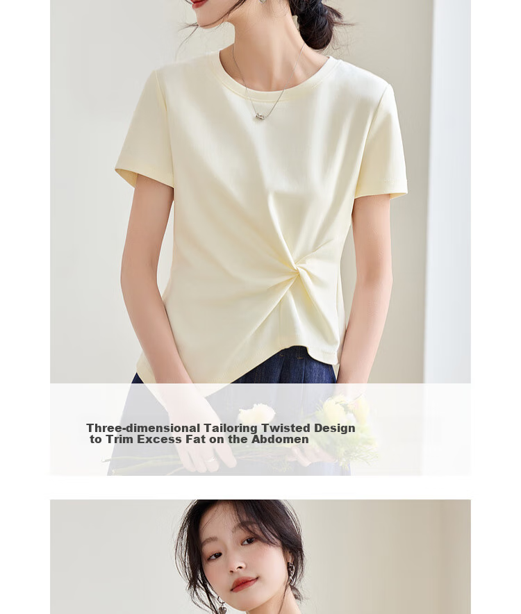 Shangdu Bila Slim Fit Slimming Pure Cotton T-Shirt Women Summer Design Irregular Short Sleeve Elegant Top Black S 4