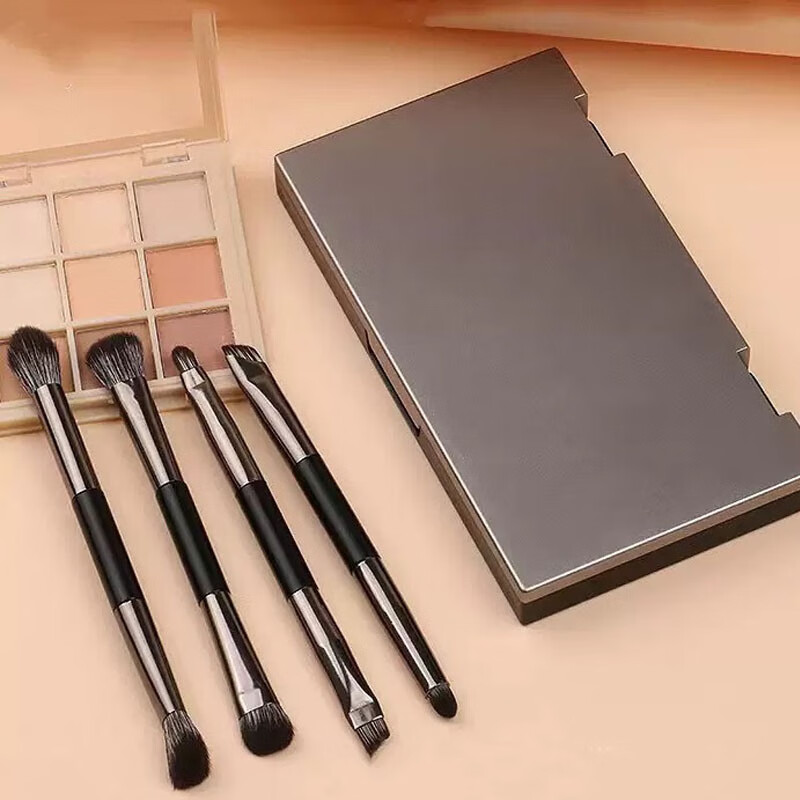 Liqing Double-Ended Brush Set [4 with Mirror], Makeup Brush, Eyeshadow Brush, Concealer Brush, Blending Brush, Flip-Up Mirror, Portable, Soft