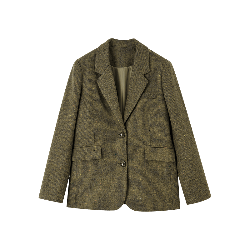 Dme Fluffy Wool Blend Winter Elegant Notched Lapel Tweed Patchwork Sleeve Women's Blazer Jacket