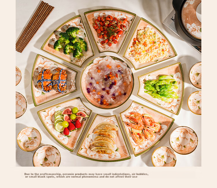 CERAMICS Family Reunion Plate Set, Round Table Plates, Home Dining Utensils, Complete Set of Plates, 9-Piece Camellia Gift Box Set for Mid-Autumn Festival 23