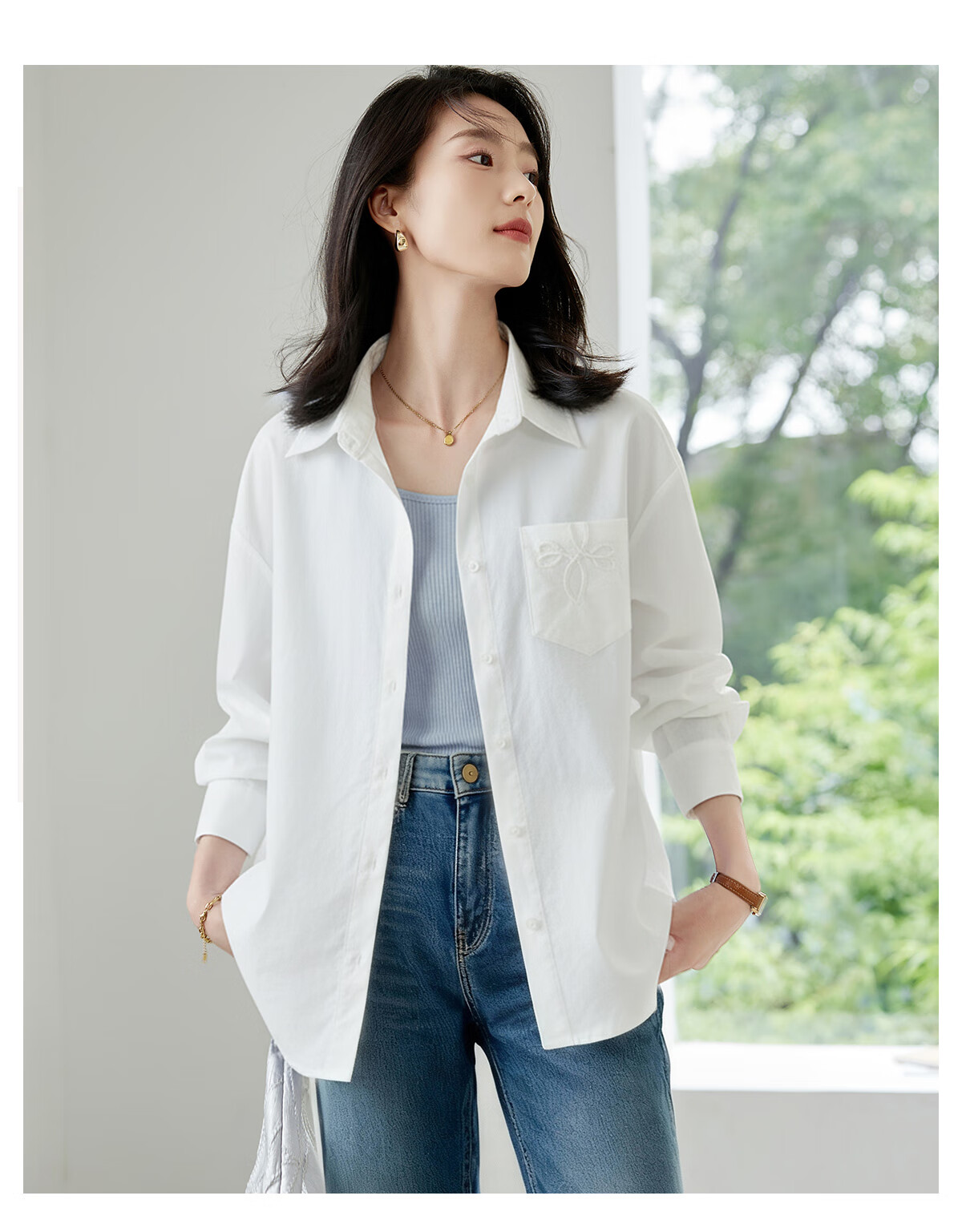 Chushen Women's Spring and Autumn Long Sleeve Shirt Embroidered Pocket Design Loose Simple Commuter Blouse S143C2031 18