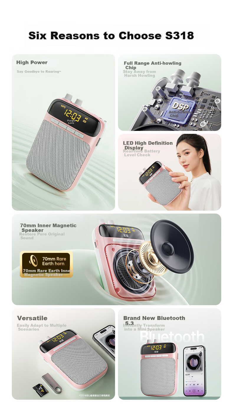 Soaiy S318 Small Bee Amplifier, Teacher-Specific Bluetooth Speaker, Teacher's Teaching Loudspeaker, Waist-Mounted Microphone, Tour Guide Portable Megaphone, Gift for Hailing, TF Card And USB Drive, Black 3