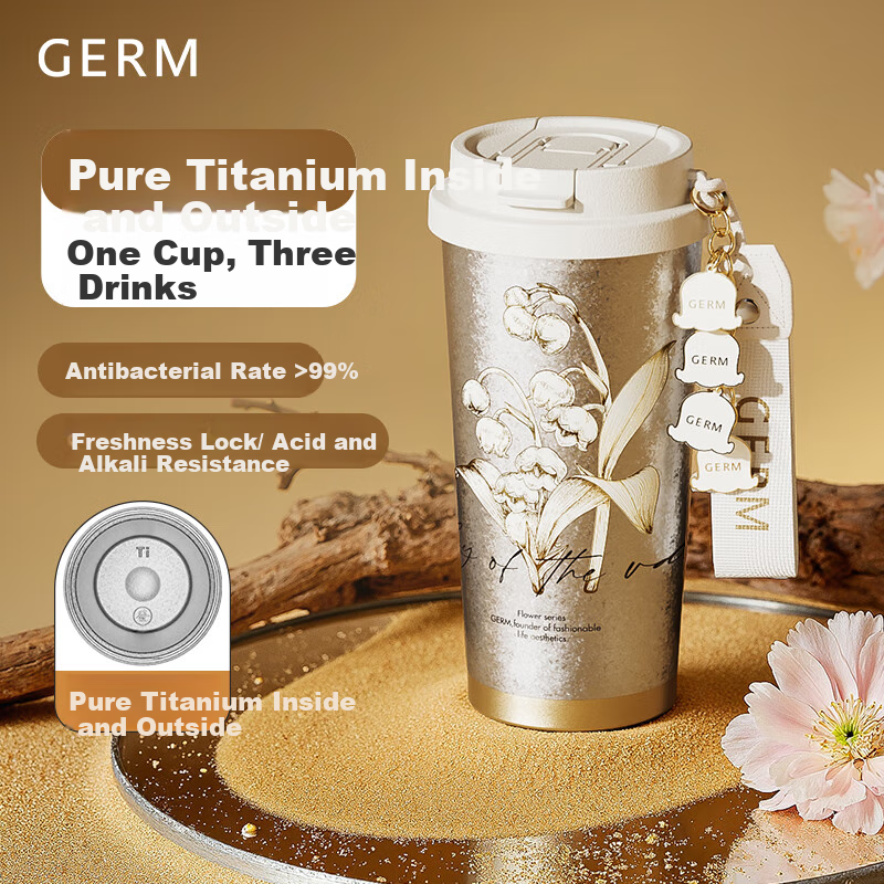 Germ Pure Titanium Insulated Mug, Van Gogh Co-Branded Dual Drinking Straw Coffee Water Cup, Goddess Gift Titanium Cup 500ML Lily of The Valley