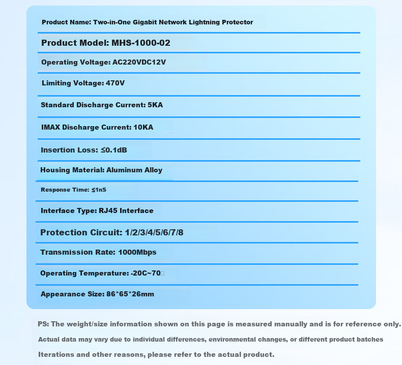 Minhongshi 2-In Network Lightning Protector, 1000M Surge Protector, POE Camera Lightning Arrester, RJ45 Network Cable Desktop Black MHS-1000 8