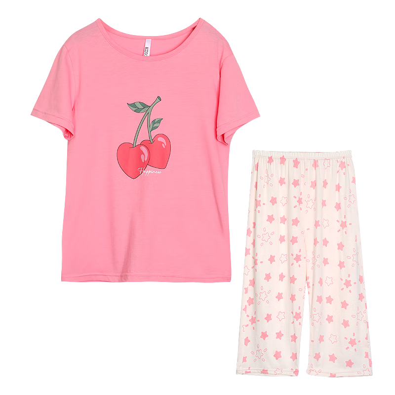 Hodohome Children's Pajamas, Girls' Pure Cotton 7A Antibacterial Short-Sleeve Capri Pants, Home Wear, Cartoon Air Conditioning Suit, 308 Pink, Size 130