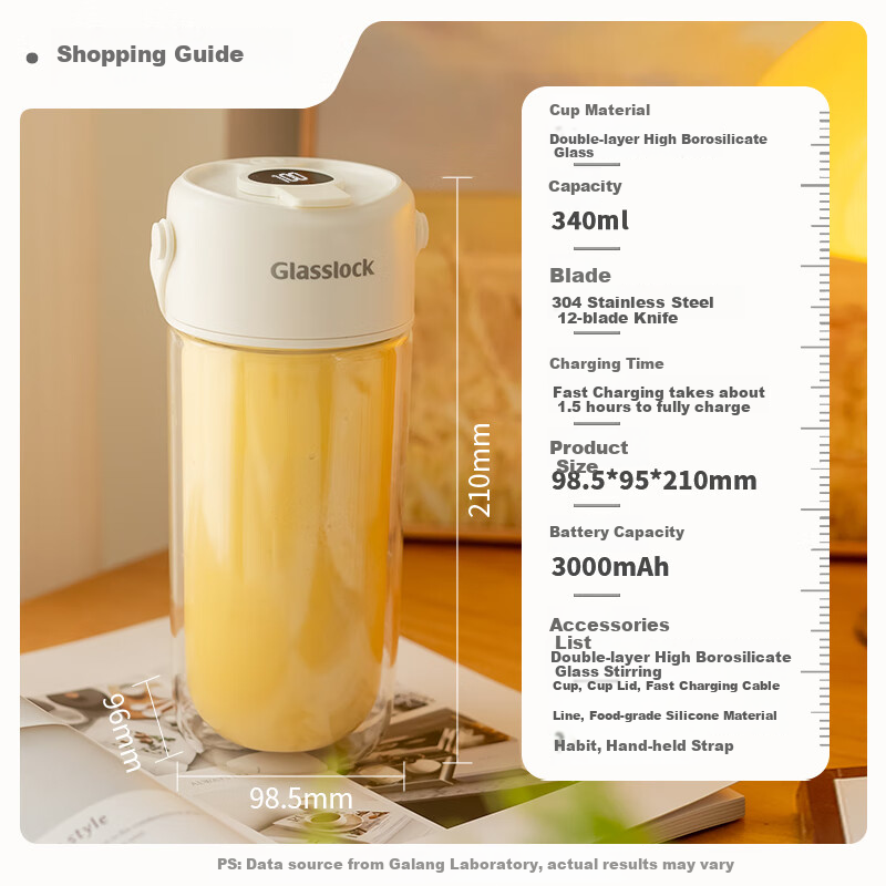 GLASSLOCK Juicer Cup [Double-Layer Hollow Insulation] Fruit And Vegetable Blender Juice Cup Baby Food Processor Small Portable Electric Rechargeable Multifunctional 26-Blade Ice Crusher Blade