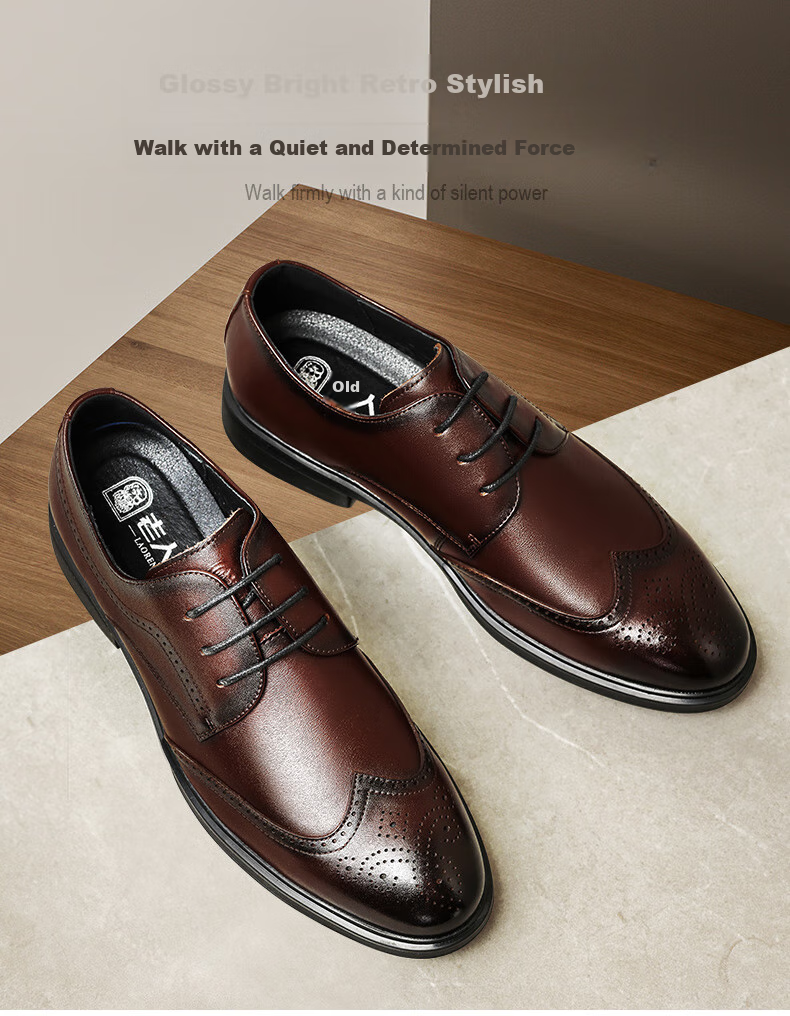 LAORENTOU Men's Leather Shoes, Spring And Autumn Brogue Carved Leather Shoes, British Style Breathable Formal Wedding Shoes, A50237, Brown, Size 39 1