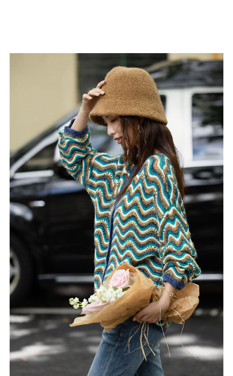 Demana Autumn Colorblock Wave Pattern Loose Fit Wool Blend Knit Cardigan for Petite Women 1
