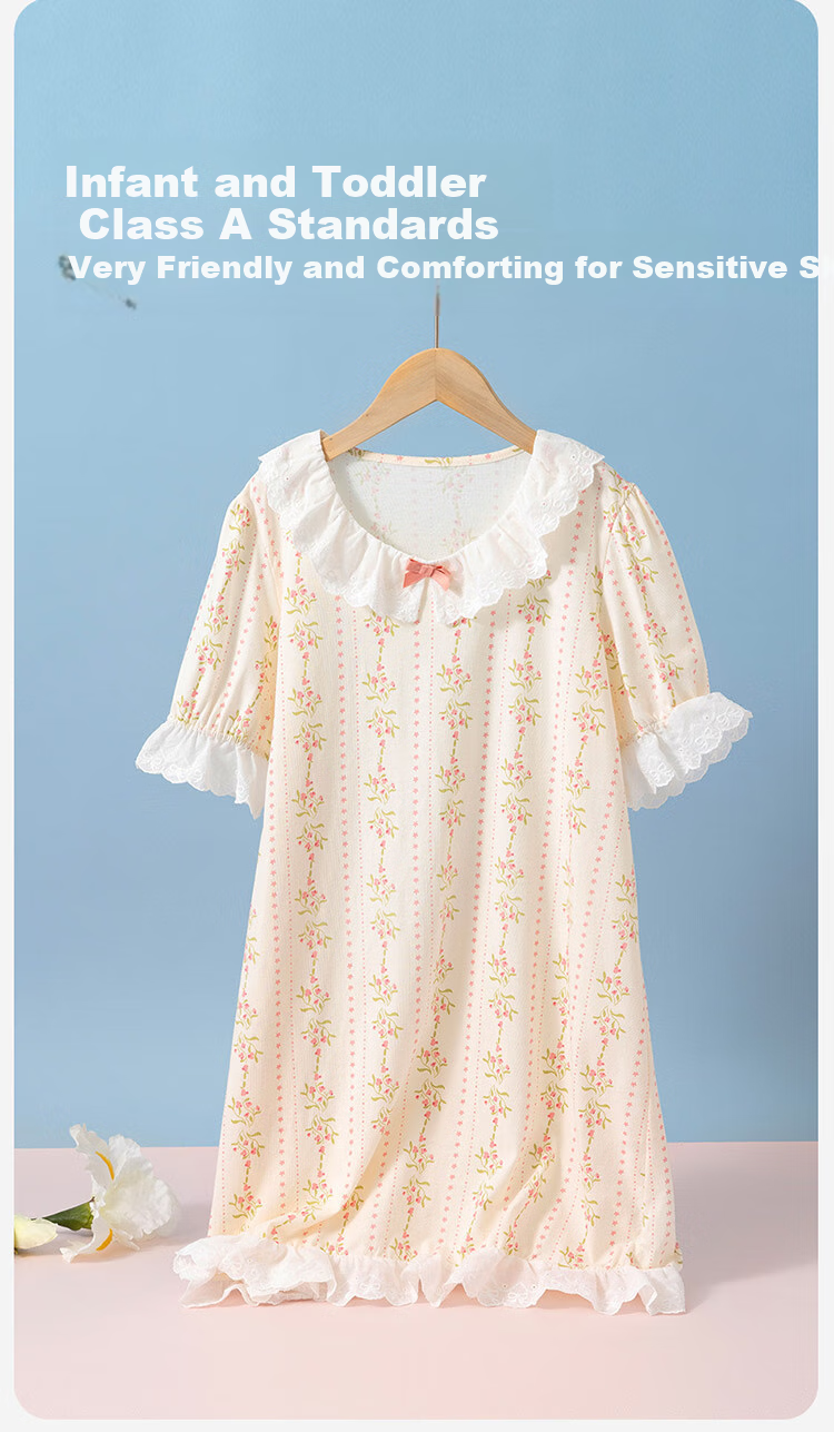 Dingguagua Top-Notch Girls' Nightgown, Summer Pure Cotton, Class A Breathable, 7A Antibacterial, Children's Home Wear, All-Cotton Sweet Style, Size 130 3