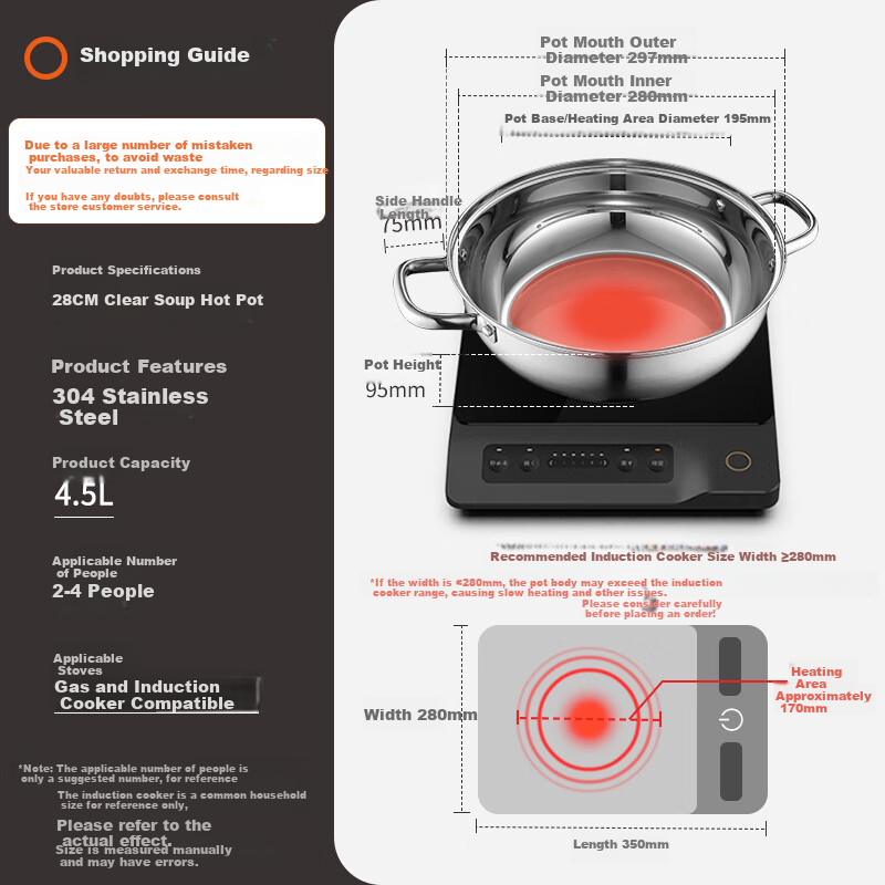 ASD Hot Pot, 304 Stainless Steel Clear Soup Hot Pot, 28CM Soup Pot, Suitable for Open Flame And Induction Cooktops, Heatable, FS28A6WG