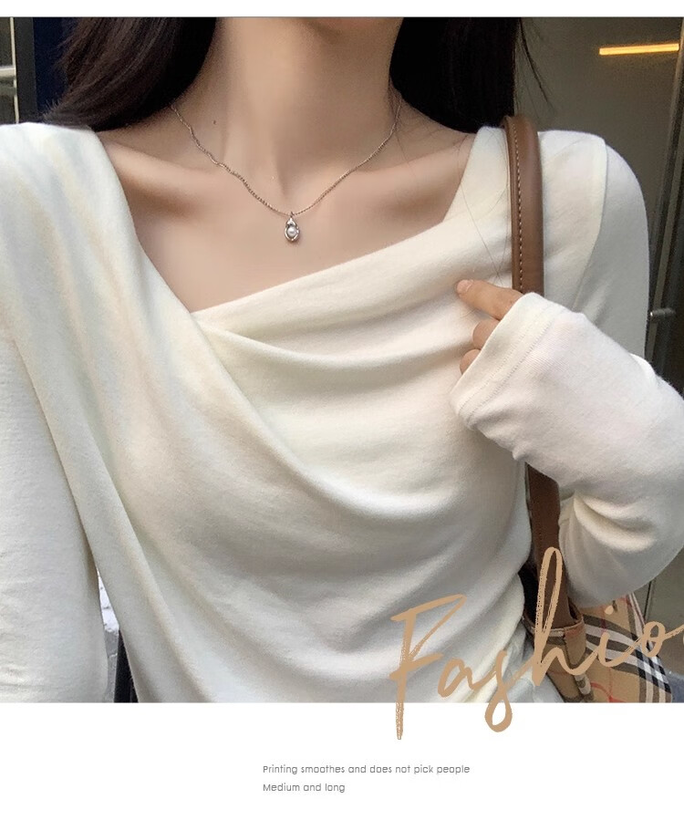 Woodpecker Dangling Collar Long Sleeve T-Shirt Women Autumn New Pure Desire Off-Shoulder Slim Fit Base Shirt Top Apricot XL 8