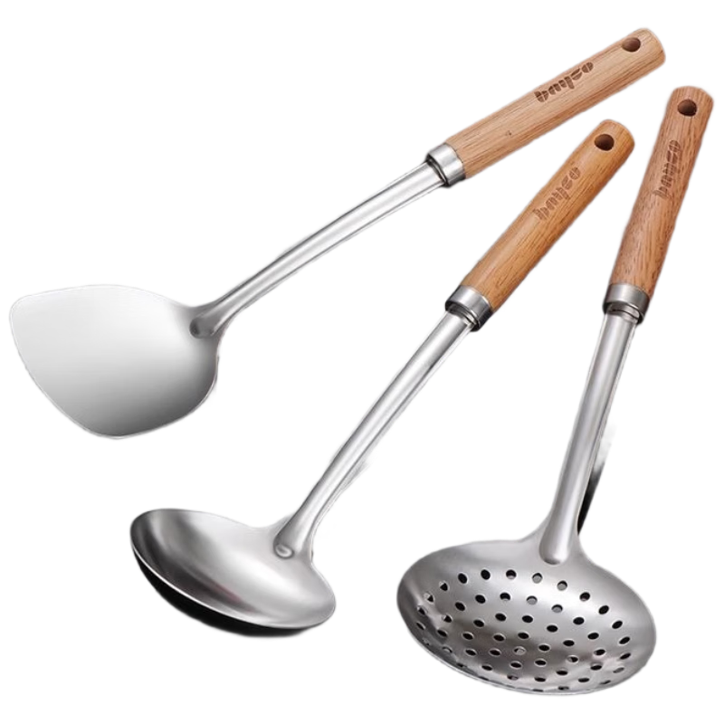 Bayco Kitchen Utensil Set of Three: Spatula, Soup Ladle, And Strainer Set, Stainless Steel Large-Sized Spoons with Long Handles, Strainer BC5569