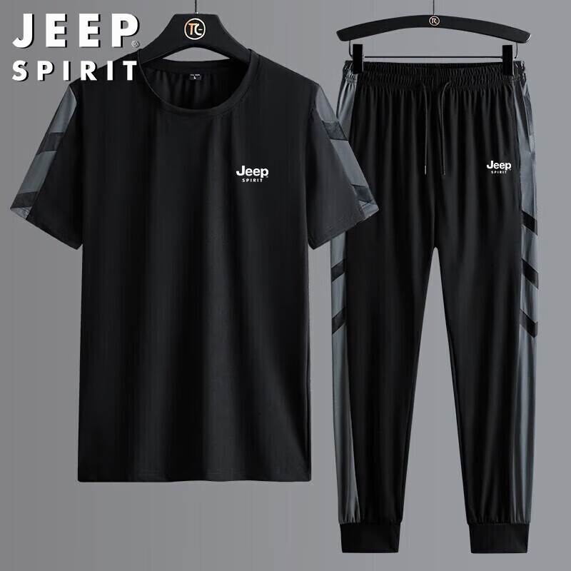 JEEP SPIRIT Men's Summer Ice Silk Quick-Dry Short Sleeve T-Shirt and Long Pants Set Black XL