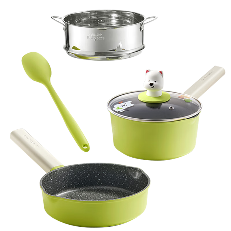 Babycare Children's Tableware Baby Food Cooking Pot 5-Piece Set Non-Stick Frying Pan Wok Baby Flat Pan Gas and Induction Cooker Compatible Lunch Box
