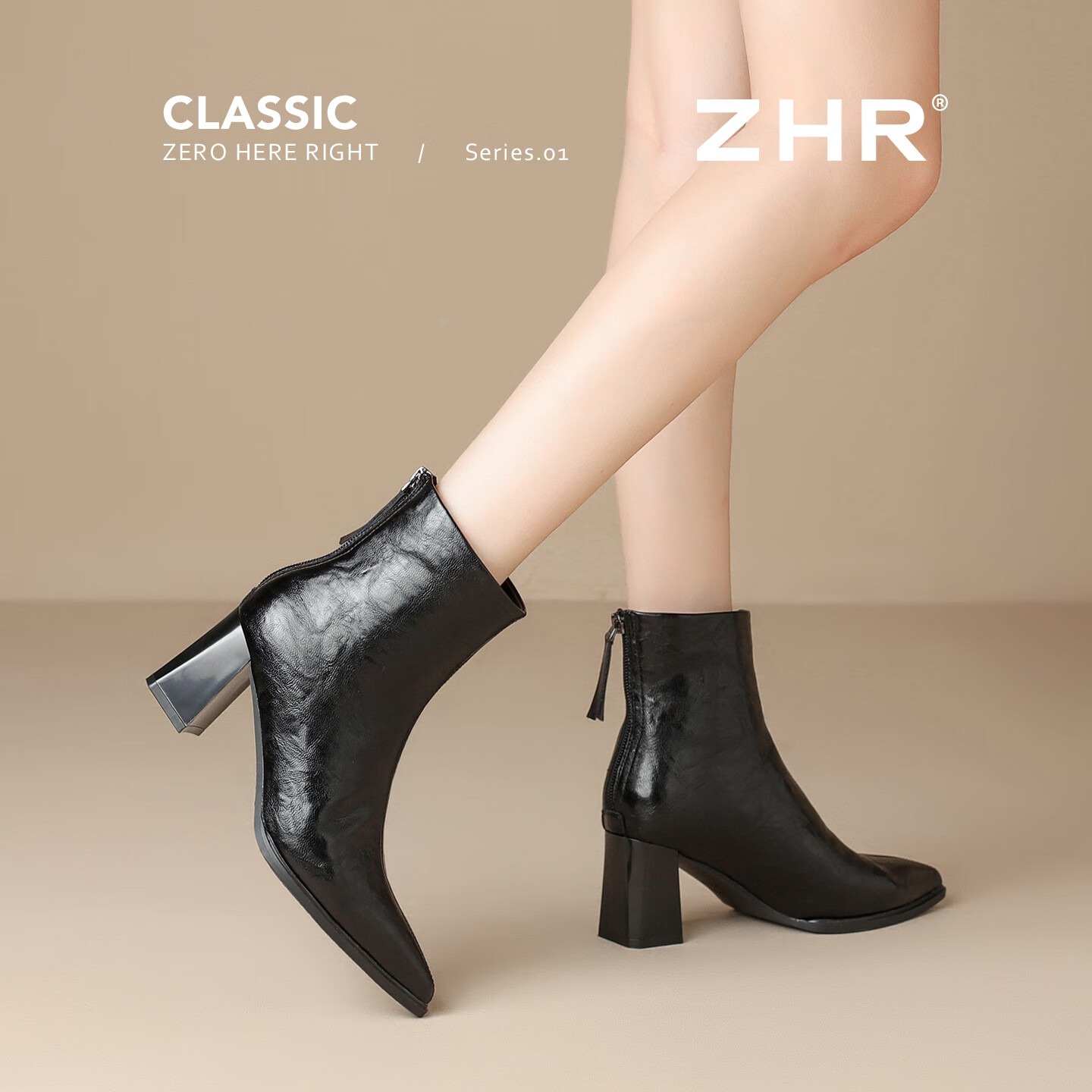 ZHR Fleece-Lined Women's Ankle Boots 2025 Winter New Pointed Toe High Heels Thick Heels Fashion Slim Boots BL616A Black 37