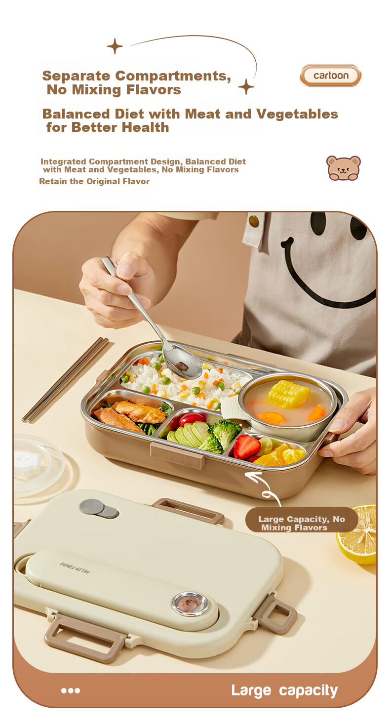WORTHBUY 304 Stainless Steel Lunch Box for Office Workers, Meal Container with Compartments for Students' Cafeteria, Rice Serving Tray, Beige with 5 Compartments + Bag 4