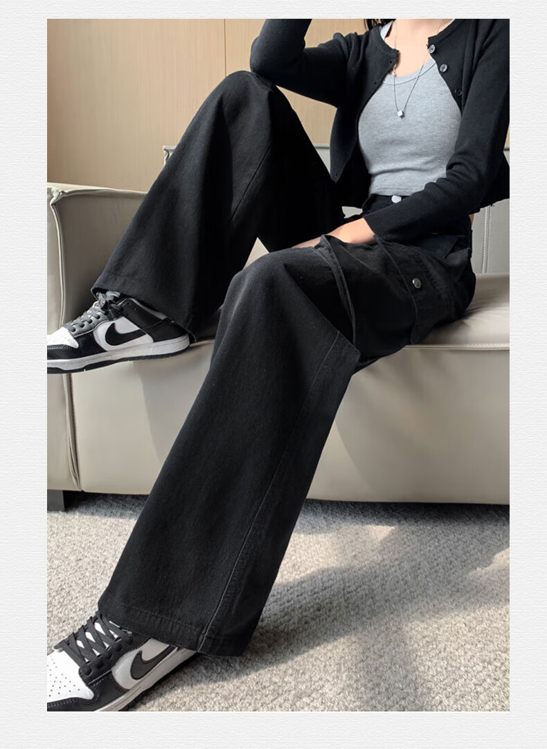 Langsha Women's Workwear Casual Cotton High-Waist Straight-Leg Trendy Pocket Wide-Leg American Style Spring Pants 30