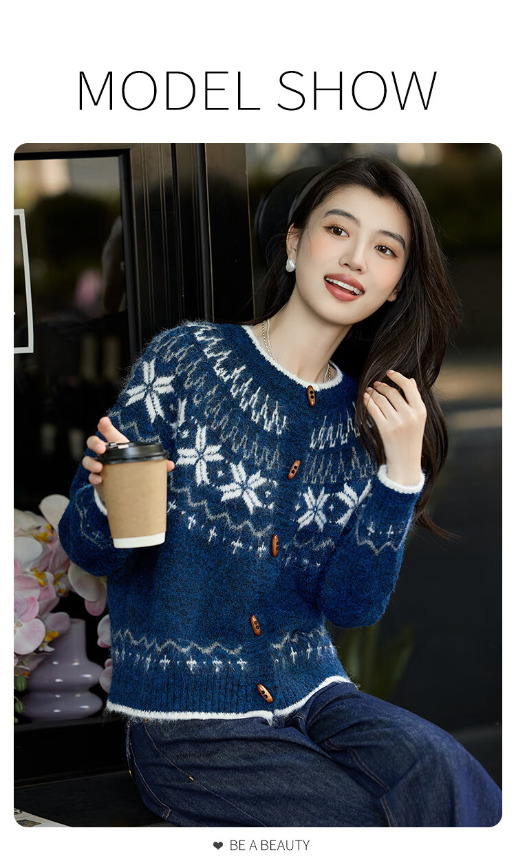 Bailuyu Vintage Colorblock Snowflake Wool Blend Cardigan Sweater Women Oatmeal S 2025 Autumn Winter New 4