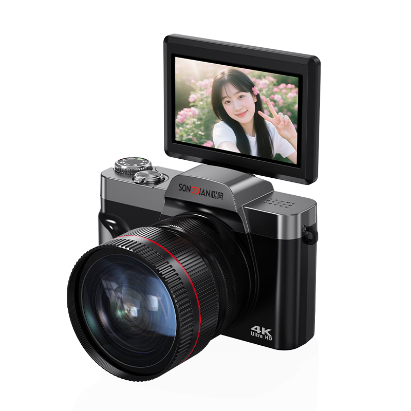 SONGDIAN Digital Camera 64MP Flip Screen Selfie Vlog Entry-Level Campus HD Mirrorless Camera DC103W Black + Wide-Angle Lens 128GB Memory