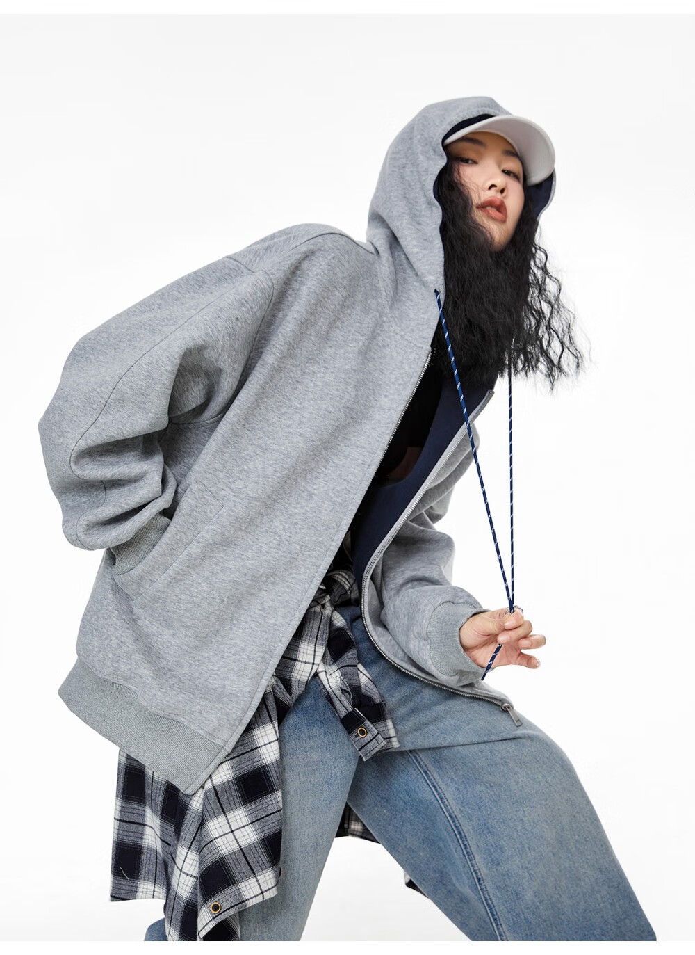 ICH MODE Women's Hoodie American Vintage Loose Fit Zip-up Sweatshirt Spring Autumn New Light Heather Gray L 23
