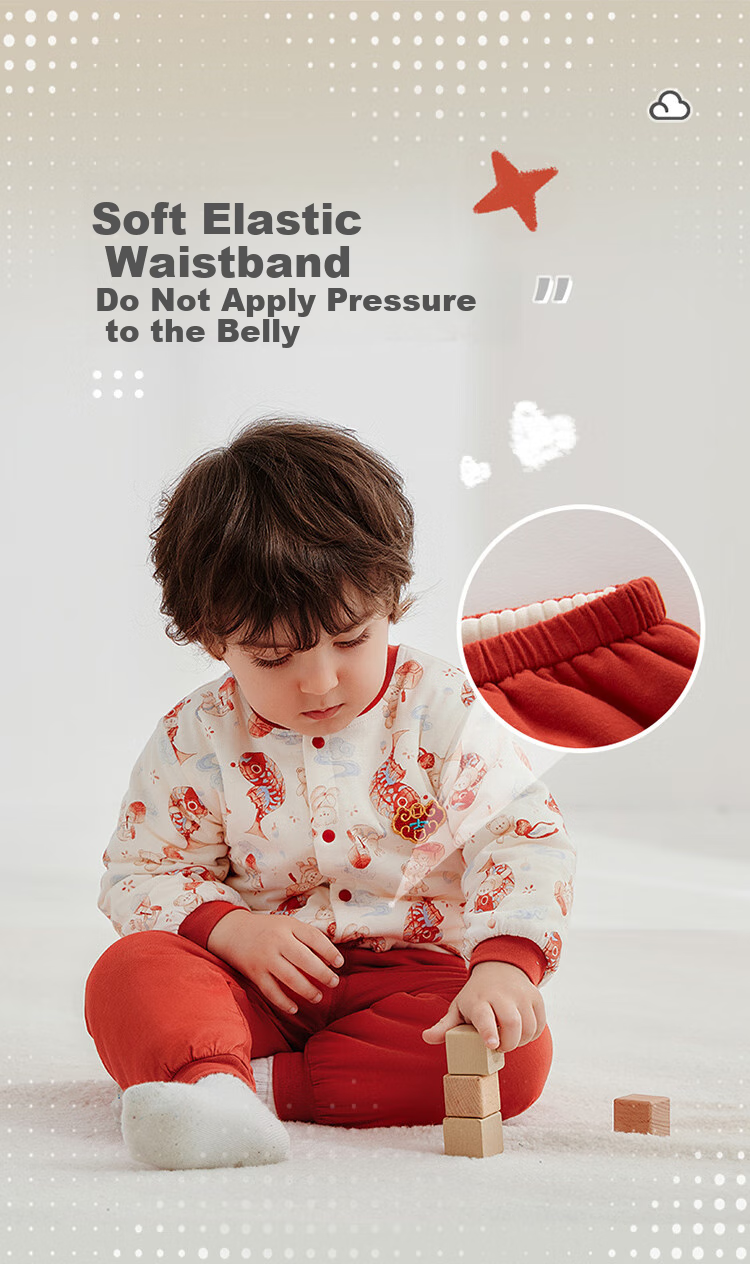 Labi Baby Children's Home Wear Set, 80g Cotton Padded, Chinese Style Autumn And Winter, Red Festive, Warm Thickened Set, Orange Red, Size 66 10