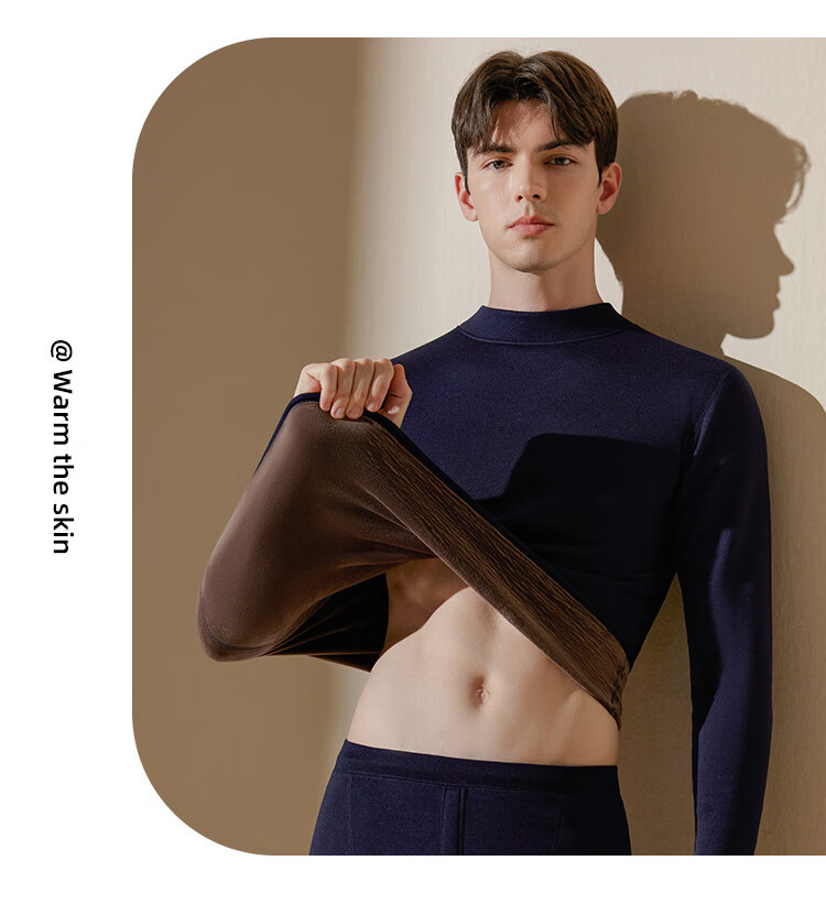 Langsha Men's Thermal Underwear Set Mid-Neck Autumn Winter Fleece Thickened Heating 10A Antibacterial Ultra-Soft Top and Bottom 4