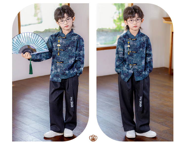 LUOBOBEIBEI Boys' New Chinese Style Hanfu Long Sleeve Suit Children's Hosting New Year Outfit Blue Three-Piece Set 150 7