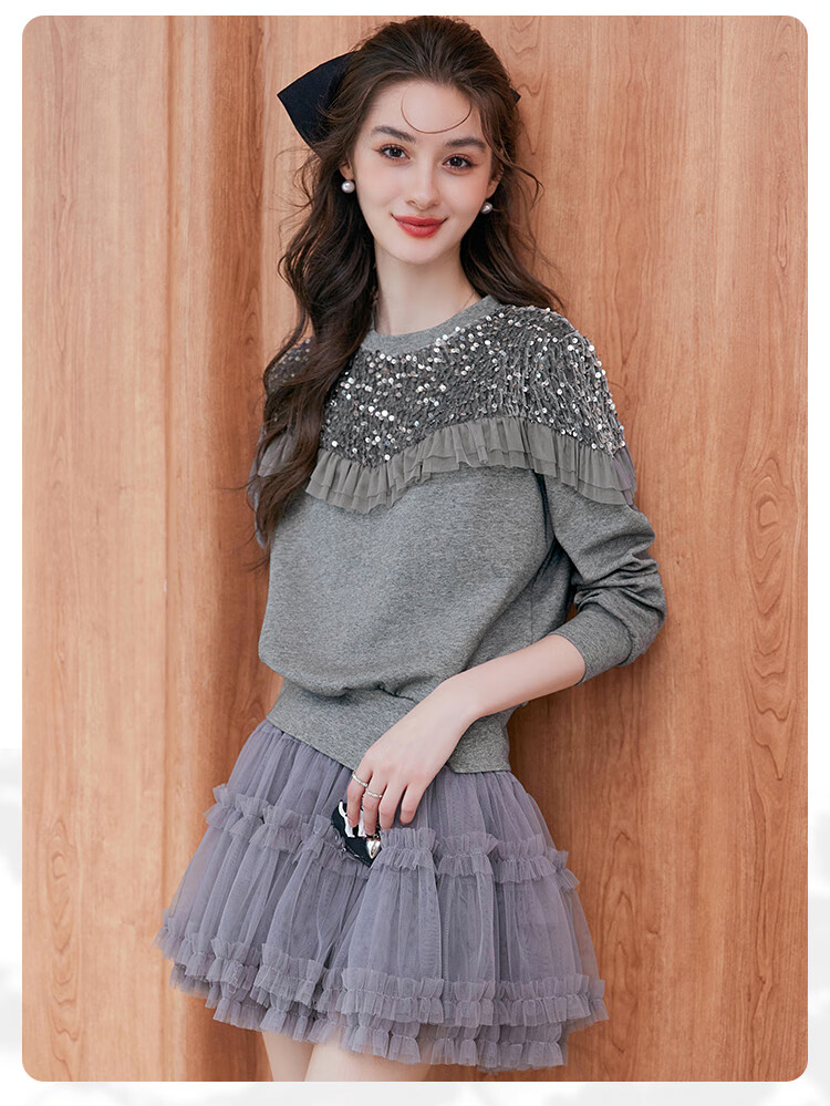 LOUISYAO Sequin Embellished Mesh Splice Sweatshirt 2025 Autumn Winter New Split Hem Fashion Top for Women Gray S 13
