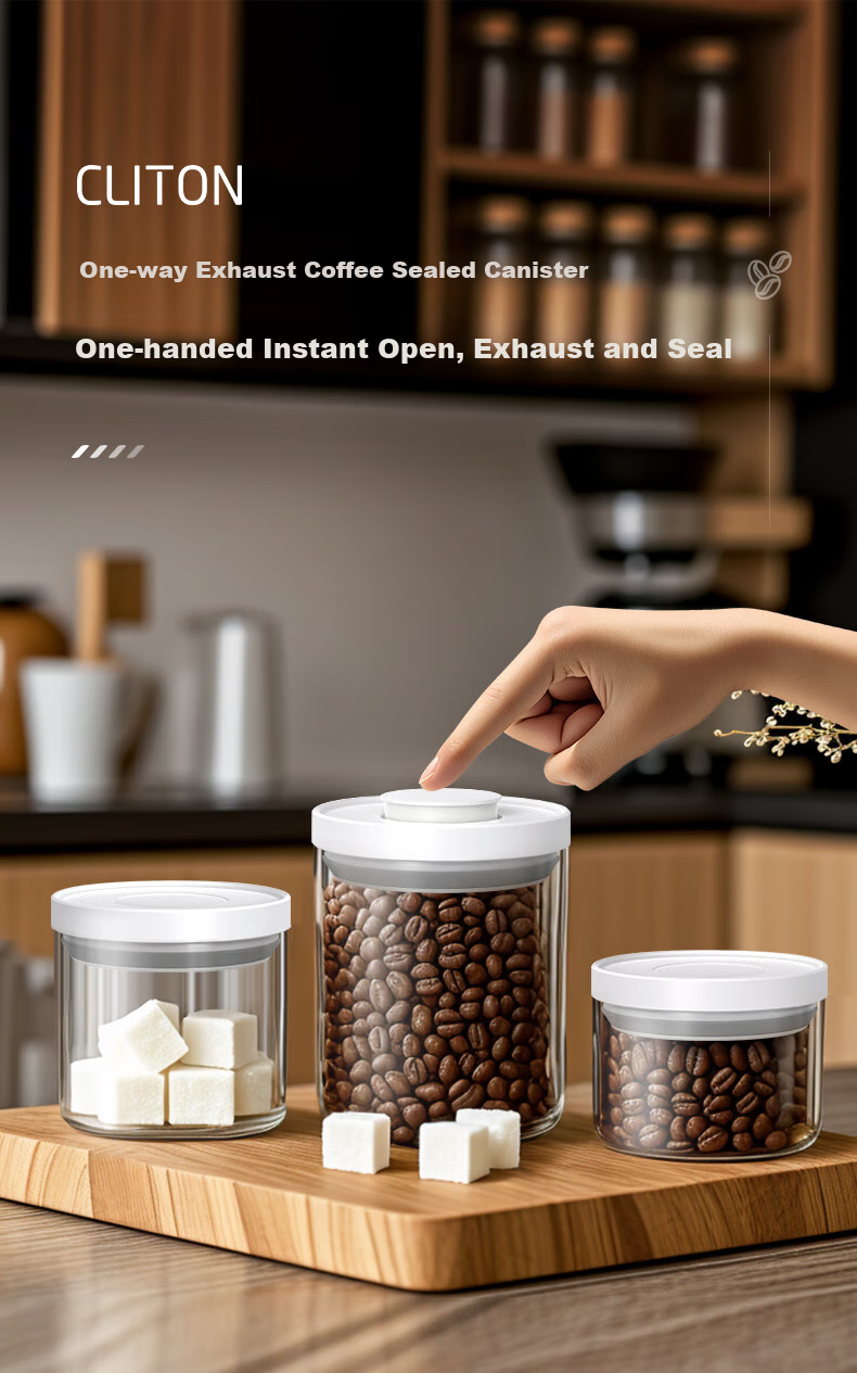 CLITON Glass Airtight Container, Push-Button Coffee Bean Storage Jar, Refrigerator Storage for Grains, Tea Leaves And Dried Goods, Food Preservation Container, 1000ml 1
