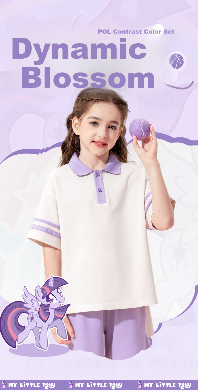 MY LITTLE PONY Girls' Preppy Style Set, Children's Summer Cool Sports Short-Sleeve Outfit, Purple, Size 110 1