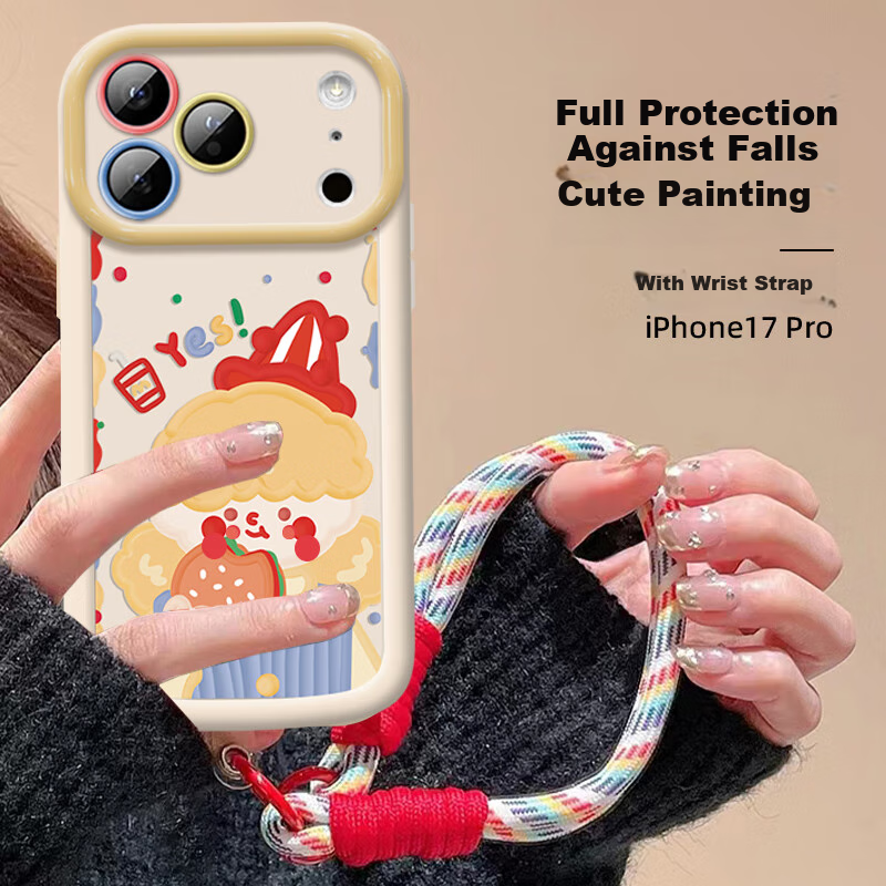 Чехол для iPhone 17 Pro от Jiangming, защита камеры, мягкий силикон, противоударный, с защитой от падений, желто-волосатая девушка + ремешок