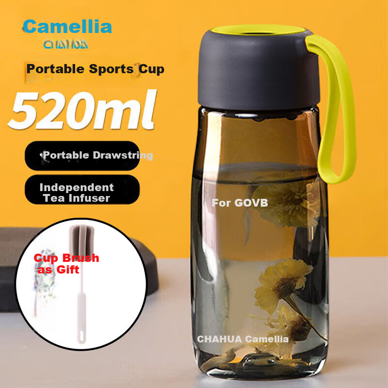 CHAHUA Sports Water Bottle Portable Handheld Cup with Lid for Students Outdoor Fitness, 520ml with Tea Strainer, Gift Cup And Brush Set of 2