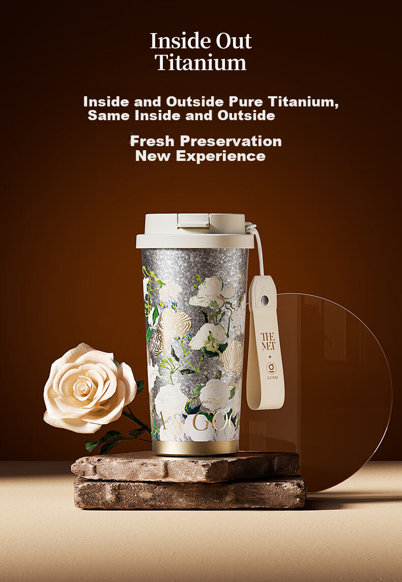 Germ Pure Titanium Insulated Mug for Women, Dual-Drinking Straw Coffee Cup Gift Box Water Bottle Mid-Autumn Festival Gift Cup 500ML Cherry Blossom 3