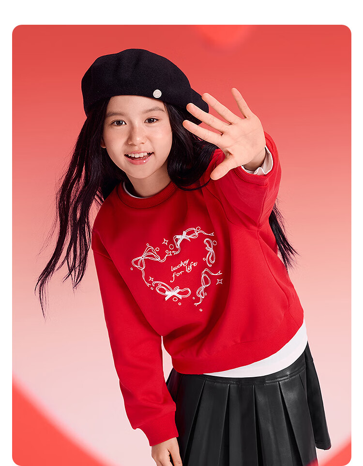Balabala Kids Sweatshirt Girls 2025 New Spring Fleece Lined Long Sleeve Top Youth Red New Year Outfit 1
