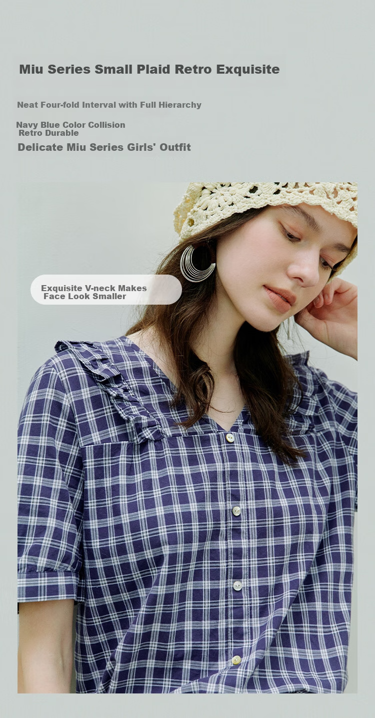 INMAN French Plaid Dress Summer Women's Versatile Puff Sleeve A-Line Skirt Navy Blue S 1