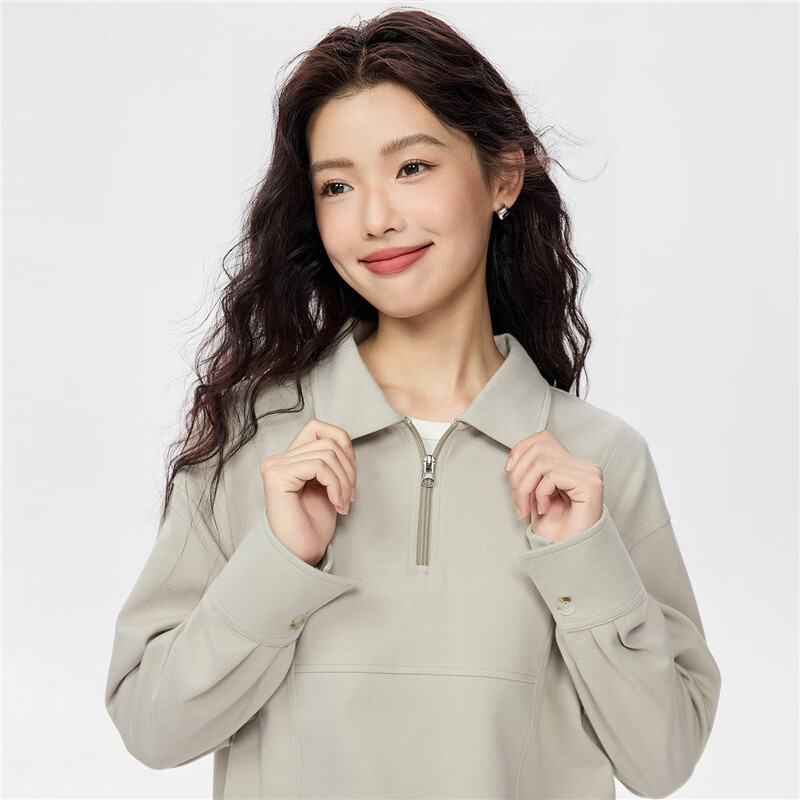 Giordano Women's Autumn Winter New Double-Sided Pullover Solid Color Half-Zip Collar Sweatshirt 13325762