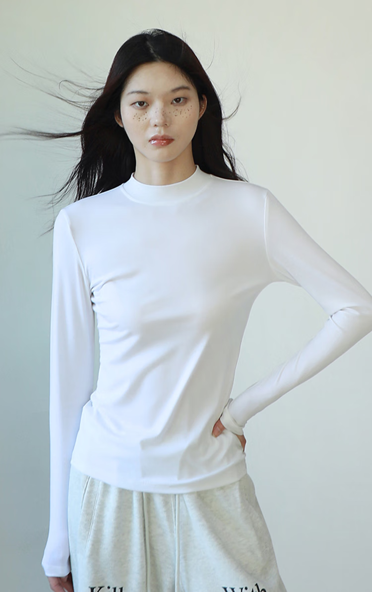 La Chapelle Spliced Semi-Turtleneck Long-Sleeve Top, Spring And Autumn Stylish Slim-Fit Versatile Women's T-Shirt, Inner Layer Base Shirt, White, S 3