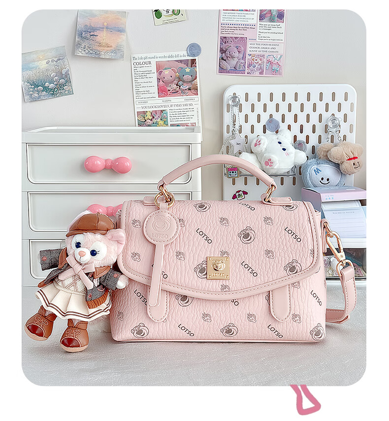 Disney Women's Luxury Niche High-End Crossbody Bag Commuter Strawberry Bear Bag Birthday Gift Pink with Pendant 6