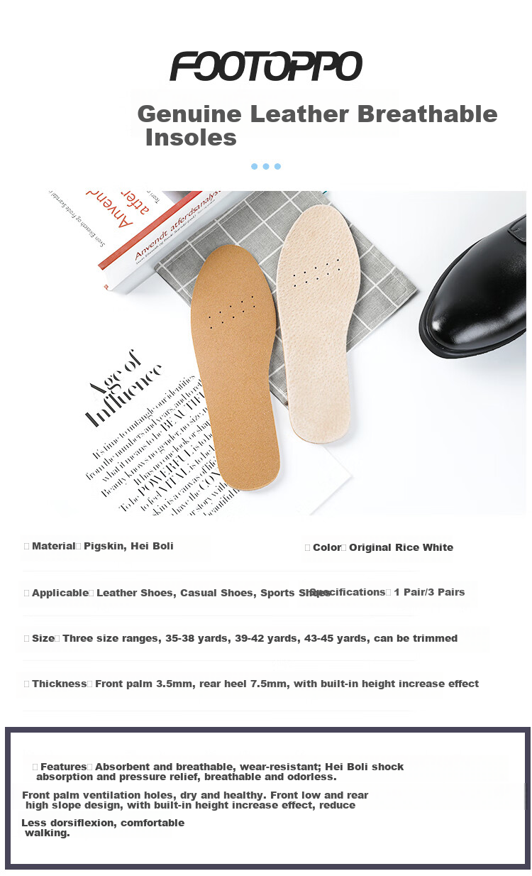 FOOTOPPO Leather Shoe Insoles for Men And Women, Genuine Leather Sweat-Absorbing Thin Breathable Foot Cushioning Functional Casual Leather Insoles, Thickened 4