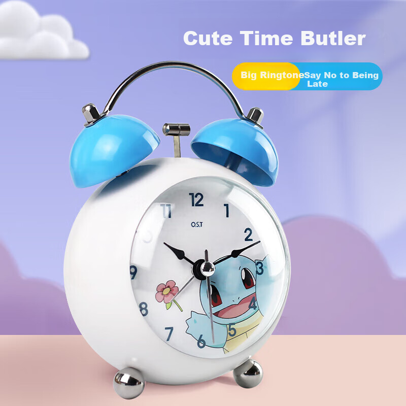 Mashi [Battery Included] Alarm Clock for Children, Cartoon Night Light, Loud Volume, Creative Elementary School Student Bedside Clock, Mechanical Bell Ringing, Lazy Person's Mini Metal Alarm Clock, Blue Gift
